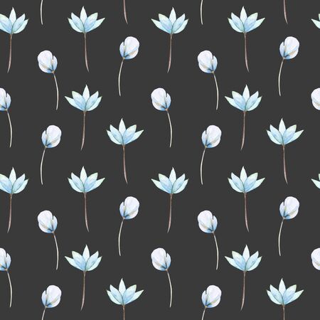 Seamless floral pattern with blue tender flowers hand drawn in watercolor on a dark backgroundの写真素材