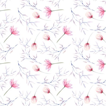 Seamless floral pattern with the watercolor pink flowers and purple branches, hand painted isolated on a white backgroundの写真素材
