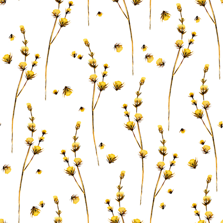 Seamless floral pattern with yellow dry flowers hand drawn in watercolor on a white backgroundの写真素材