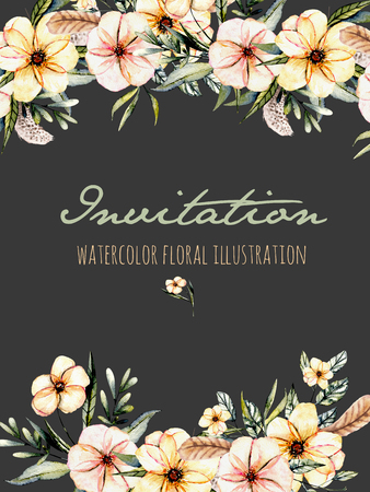 Template postcard with watercolor pink flowers and green leaves bouquets illustration, hand drawn on a dark background, for invitation, card decoration and other works, wedding design, greeting cardの写真素材