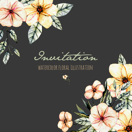 Template postcard with watercolor pink flowers and green leaves bouquets illustration, hand drawn on a dark background, for invitation, card decoration and other works, wedding design, greeting cardの写真素材