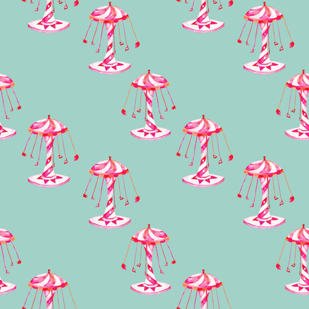 Seamless pattern with watercolor carousel from the amusement park, hand drawn isolated on a blue backgroundの写真素材