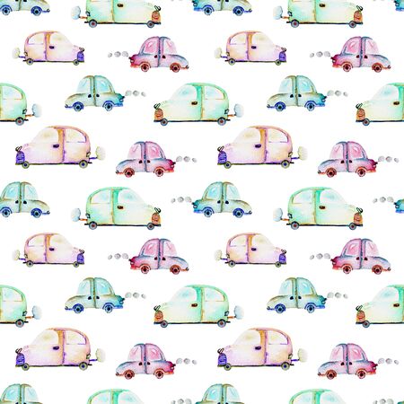 Seamless pattern with watercolor toy cars, hand drawn isolated on a white backgroundの写真素材