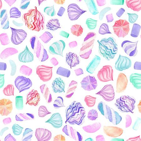 Seamless pattern with watercolor marshmallow, hand drawn isolated on a white backgroundの写真素材