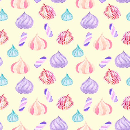 Seamless pattern with watercolor marshmallow, hand drawn isolated on a light yellow backgroundの写真素材