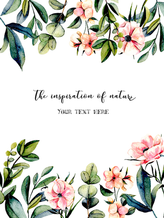 Template postcard with pink anemone flowers, eucalyptus branches and other plants watercolor illustration, hand drawn on a white background, for invitation, card decoration and other works, wedding design, greeting cardの写真素材