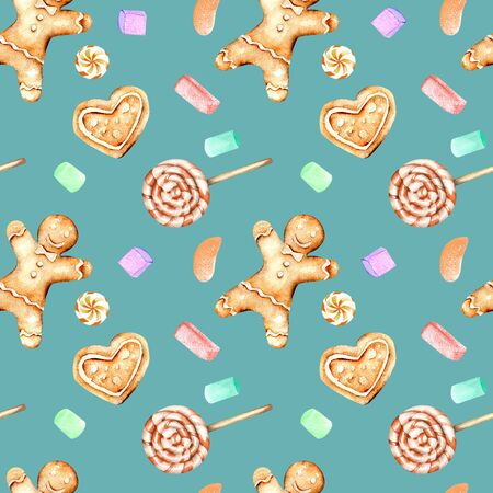 Seamless pattern with watercolor gingerbreads and marshmallow, hand drawn isolated on a dark blue backgroundの写真素材