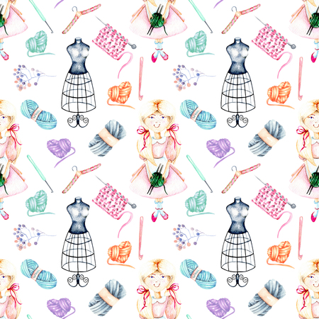 Seamless pattern with watercolor cute girl-needlewoman and knitting elements: yarn, knitting needles and crochet hooks, hand painted isolated on a white backgroundの写真素材