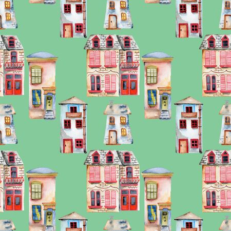 Seamless pattern with watercolor english houses, hand painted isolated on a green backgroundの写真素材