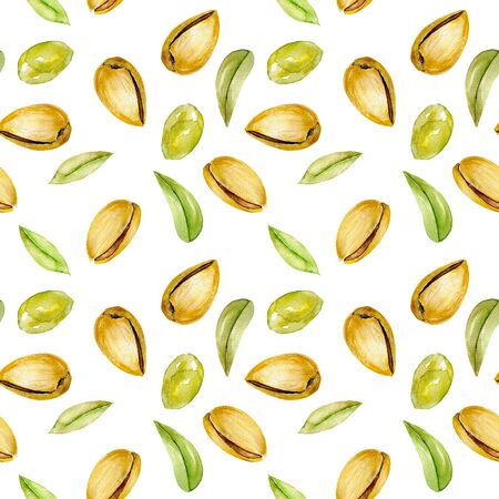 Seamless pattern with watercolor pistachios elements, hand painted isolated on a white backgroundの写真素材