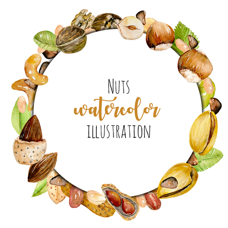 Wreath, circle frame from watercolor nuts, hand painted isolated on a white backgroundの写真素材