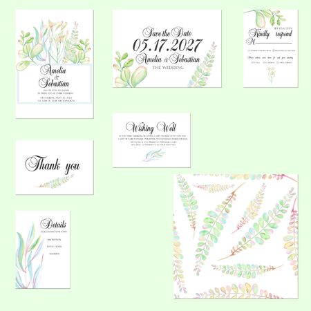 Template cards set with tender watercolor mint and green branches; Wedding design for invitation, Save the date card, RSVP, Thank you card, Wishing Well card, for anniversary dayの写真素材