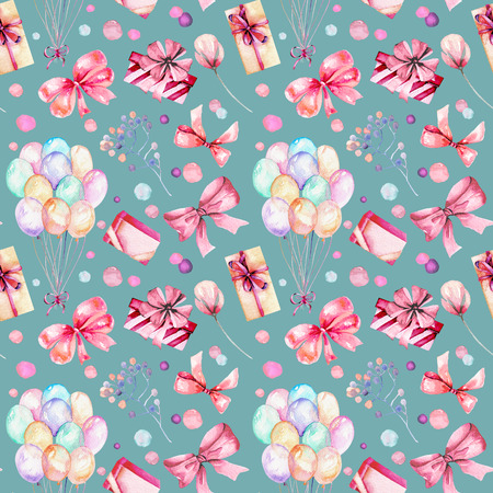 Holiday seamless pattern with watercolor gift boxes, air balloons, flowers and bows in pink shadows, hand painted on a blue backgroundの写真素材