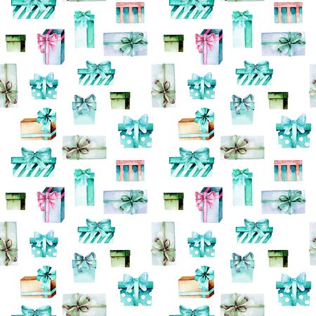 Seamless pattern with watercolor green and mint gift boxes, hand painted on a white backgroundの写真素材