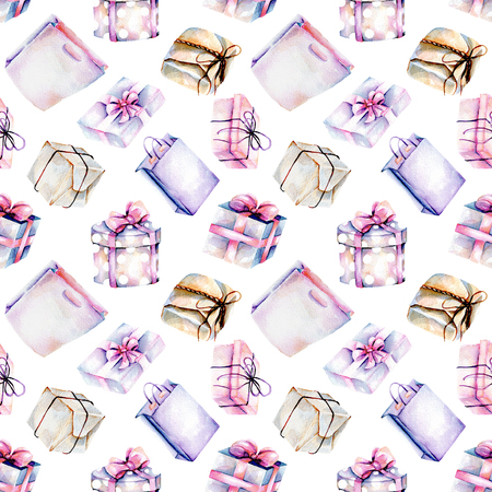 Seamless pattern with watercolor purple and pink gift boxes, hand painted on a white backgroundの写真素材