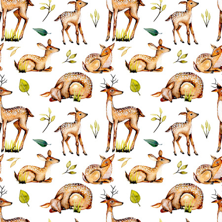 Seamless pattern with watercolor deers, baby deers and floral elements, hand painted isolated on white backgroundの写真素材