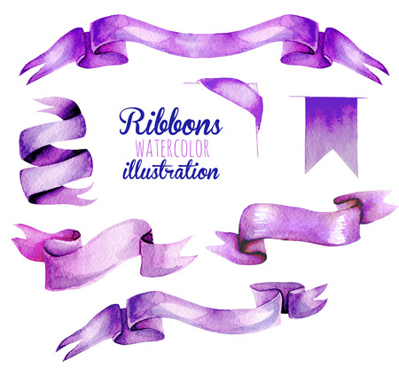 Set, collection of watercolor purple ribbons, hand painted isolated on a white backgroundの写真素材