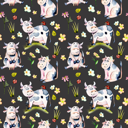 Seamless pattern with watercolor cute cartoon cows, ladybugs and simple flowers illustrations, hand drawn isolated on a dark backgroundの写真素材