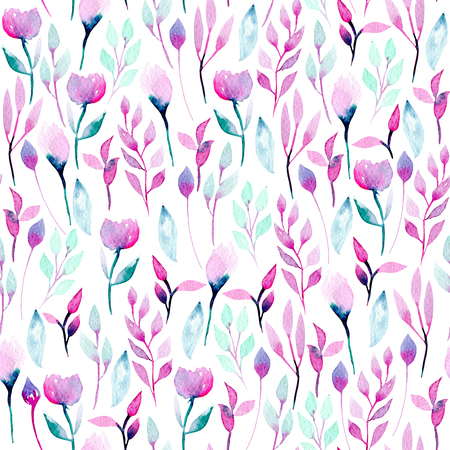 Seamless pattern with watercolor abstract pink and purple wildflowers and plants, hand painted on a white backgroundの写真素材