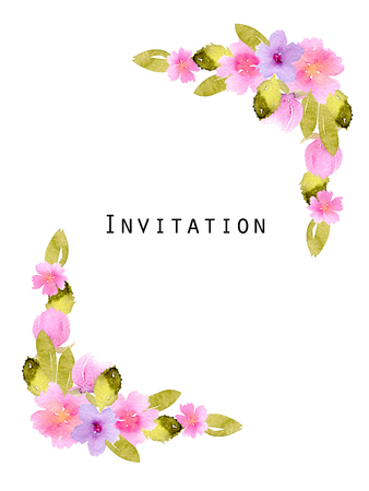 Corner border frame with pink flowers and green leaves, hand painted in watercolor on a white background, for greeting card, wedding design, decoration postcard or invitationの写真素材