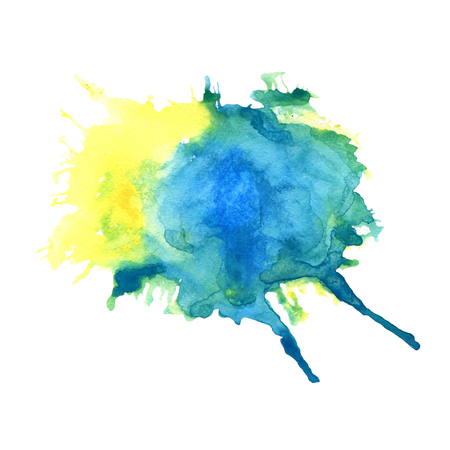 Watercolor yellow and blue stain with blots, paper texture, isolated on a white backgroundの写真素材