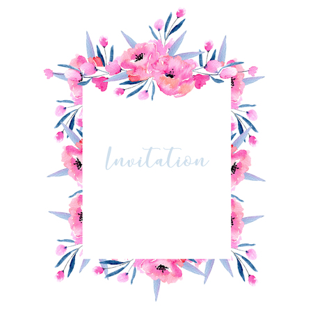 Watercolor pink poppies and floral branches frame border, hand drawn on a white background, invitation and other greeting cardsの写真素材