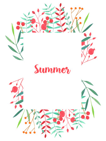 Watercolor simple red and green branches and berries floral frame, hand painted on a white backgroundの写真素材