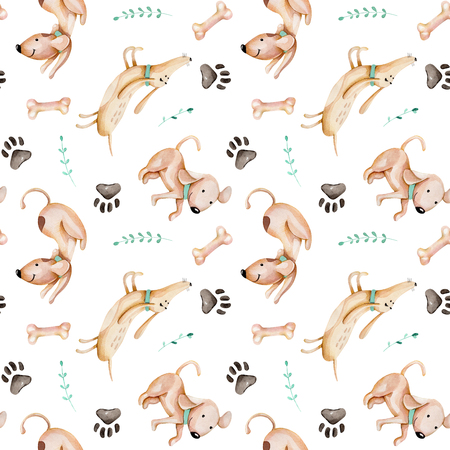Watercolor cute funny dogs, dog track and green branches seamless pattern, hand drawn isolated on a white backgroundの写真素材