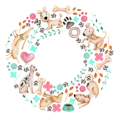 Watercolor cute funny dogs and elements wreath, frame, hand drawn on a white backgroundの写真素材