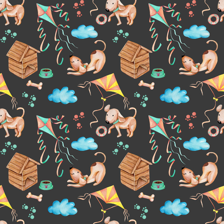 Watercolor cute funny dogs playing kites seamless pattern, hand drawn isolated on a dark backgroundの写真素材