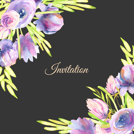 Watercolor purple peony and roses card template, wedding, greeting, invitation card design, hand painted on a dark backgroundの写真素材