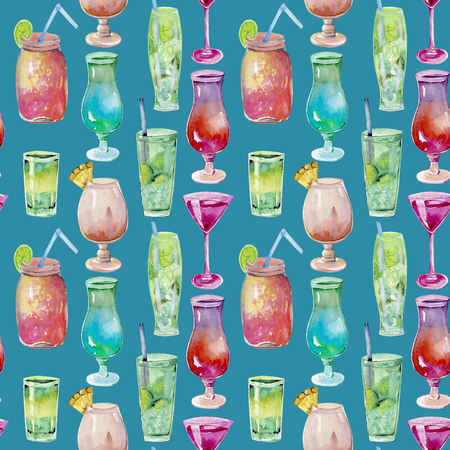 Watercolor cocktails seamless pattern, hand painted on a blue backgroundの写真素材