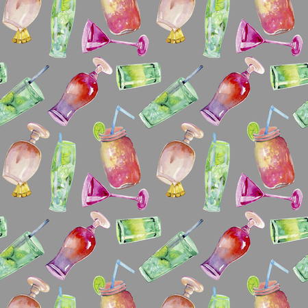 Watercolor cocktails seamless pattern, hand painted on a gray backgroundの写真素材
