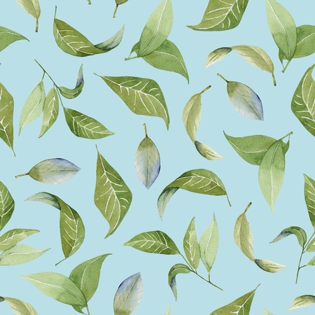 Seamless floral pattern with watercolor green leaves, hand drawn isolated on a blue backgroundの写真素材