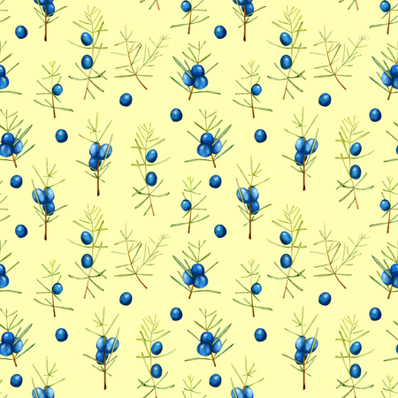 Watercolor juniper branches seamless pattern, hand painted on a yellow backgroundの写真素材