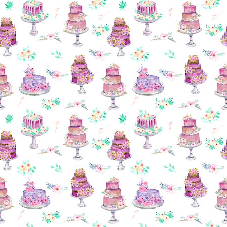 Watercolor holiday wedding cakes with flowers in pink and mint shades seamless pattern, hand painted on a white backgroundの写真素材