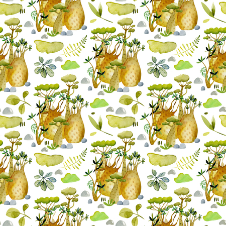 Watercolor tropical baobabs trees and floral seamless pattern, hand painted on a white backgroundの写真素材