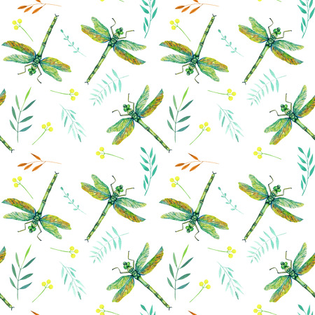 Seamless pattern with watercolor green dragonflies and branches, hand painted on a white backgroundの写真素材
