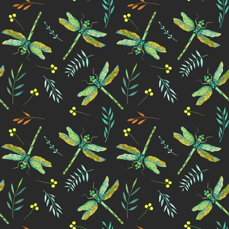 Seamless pattern with watercolor green dragonflies and branches, hand painted on a dark backgroundの写真素材