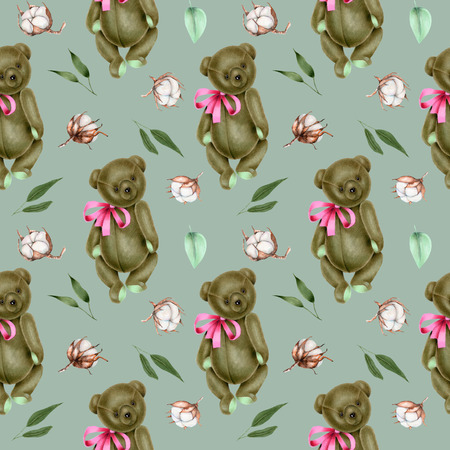 Seamless pattern with hand-painted soft plush teddy bears and cotton flowers on a blue backgroundの写真素材