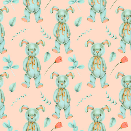 Seamless pattern with hand-painted soft plush toy rabbit and floral elements on a pink backgroundの写真素材
