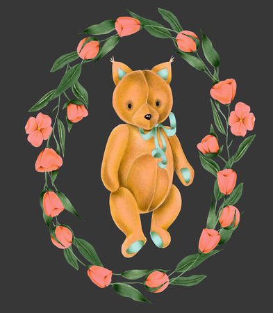 Wreath with hand-painted soft plush toy fox and pink flowers on a dark backgroundの写真素材