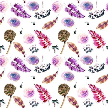 Seamless pattern with watercolor feathers, roses, berries and lotus boxes, hand painted on a white backgroundの写真素材
