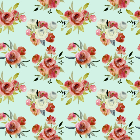 Watercolor burgundy seamles pattern, hand painted on a blue backgroundの写真素材