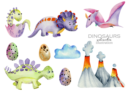 Cute dinosaurs collection watercolor illustration, hand painted isolated on a white backgroundの写真素材