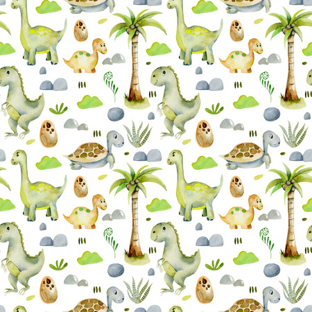 Watercolor cute dinosaurs and prehistoric turtles seamless pattern, hand painted on a white backgroundの写真素材