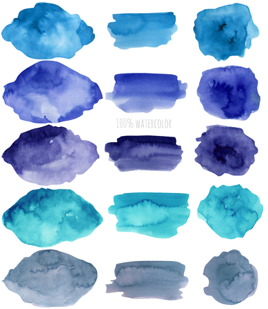 Watercolor stains and strokes collection, blue color elements, isolated on a white backgroundの写真素材