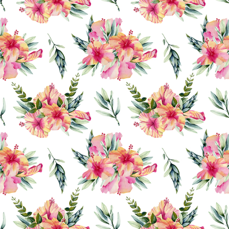 Watercolor hibiscus flowers, branded leaves and leaves bouquetsの写真素材