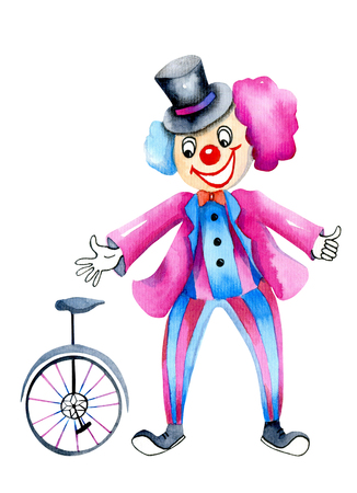 Watercolor circus clown and monocycle, watercolor designの写真素材