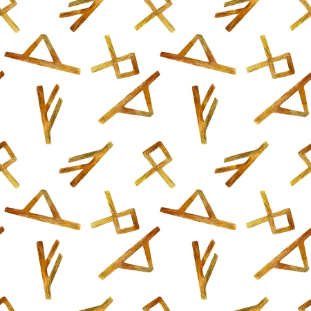 Watercolor ancient runes seamless pattern, hand drawn on a white backgroundの写真素材